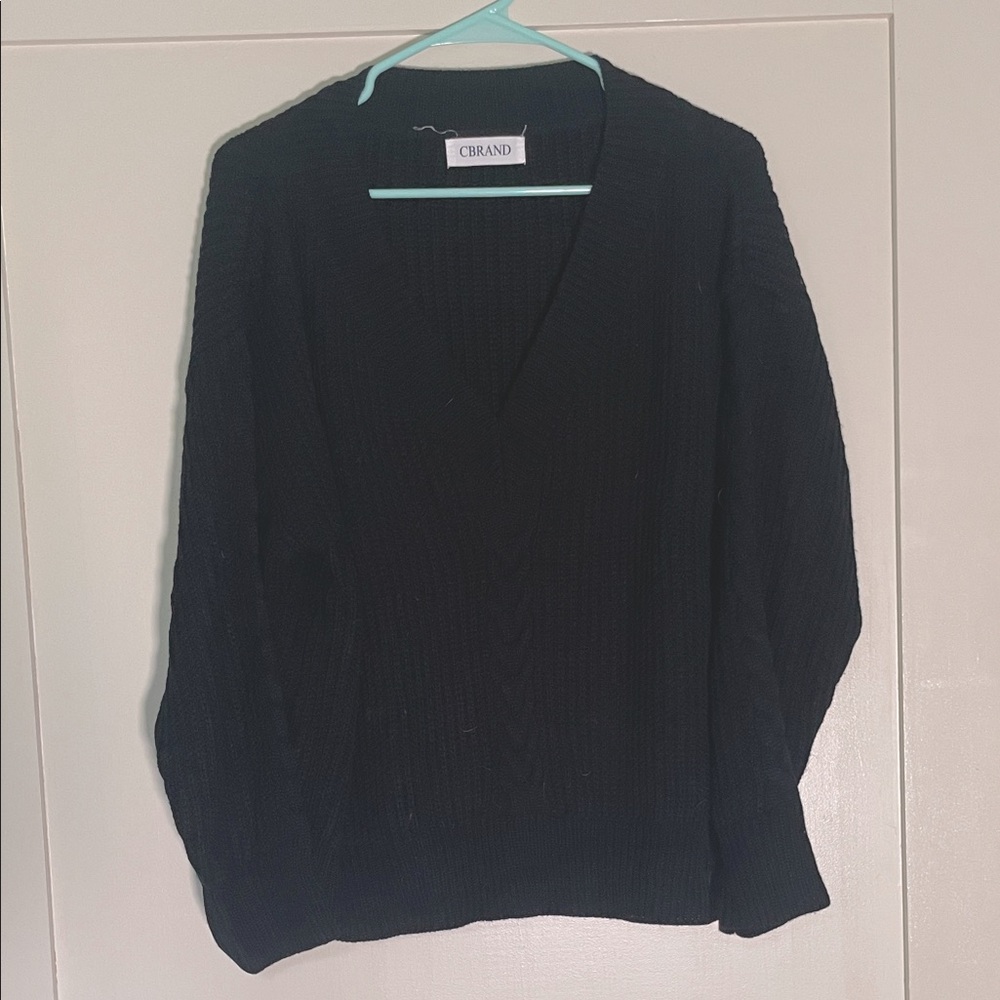 Oversized Chunky Knit Black V-Neck Sweater
